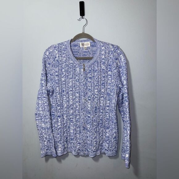 Cotton Country by Parkhurst Blue & White 100% cotton zip up sweater size M EUC - Picture 1 of 6